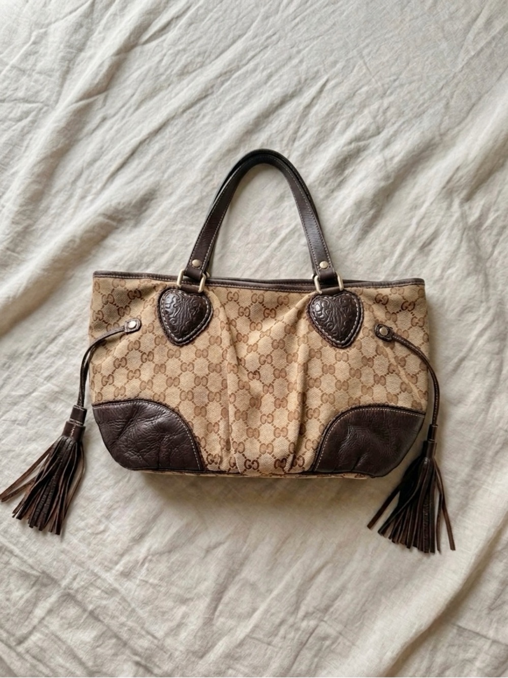 Gucci Tribeca Beige and Dark Brown GG Canvas Tote with Tassels